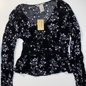 Black Floral Peplum Top Button Up Top